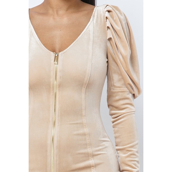 Soft Velvet Pleated Puff Sleeve Low V Neck Front And Back Mini Dress - Picture 6 of 9